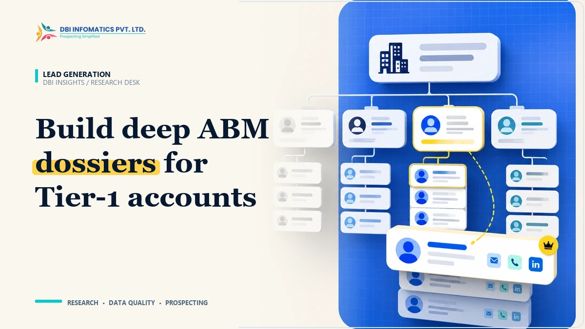 ABM Tier-1 account dossier research illustration showing buying committee hierarchy and deep account profiling, branded by DBI Infomatics.