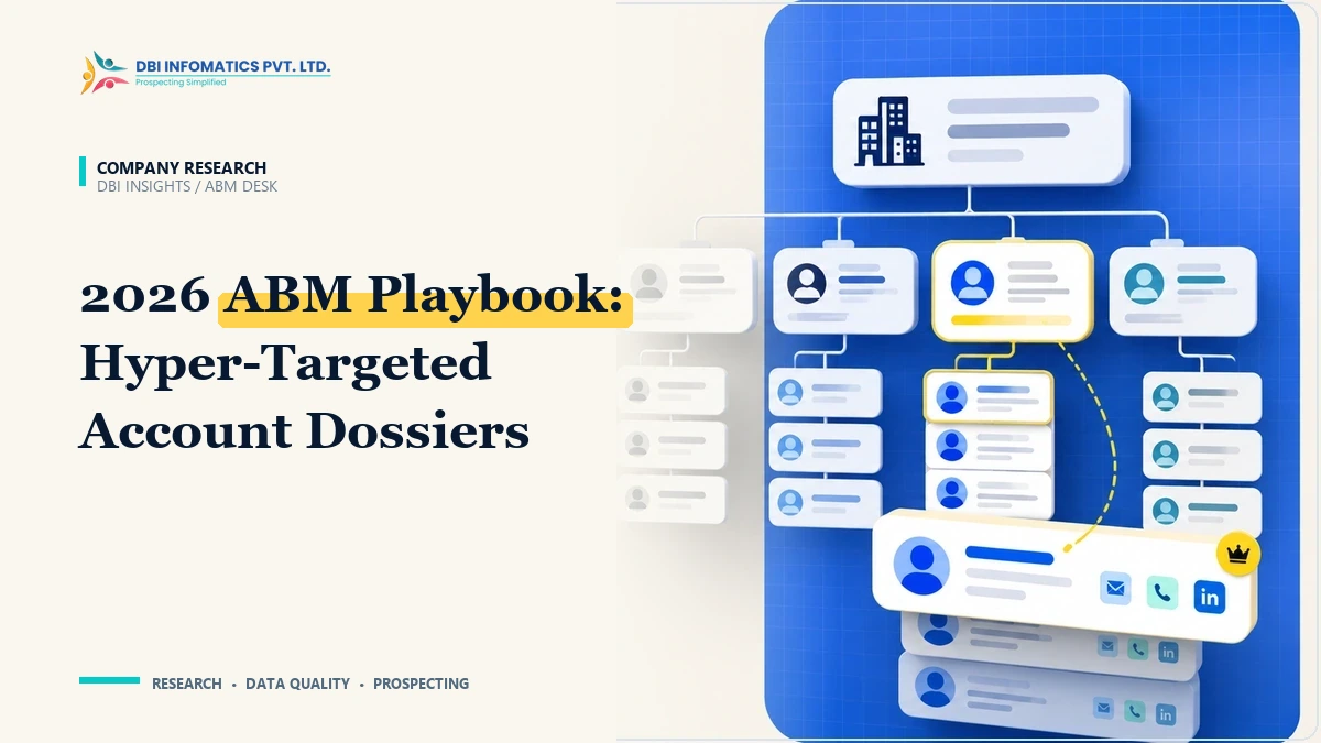 2026 ABM playbook illustration showing deep account dossiers and multi-threaded buying committees mapped for enterprise tech outbound, branded by DBI Infomatics.
