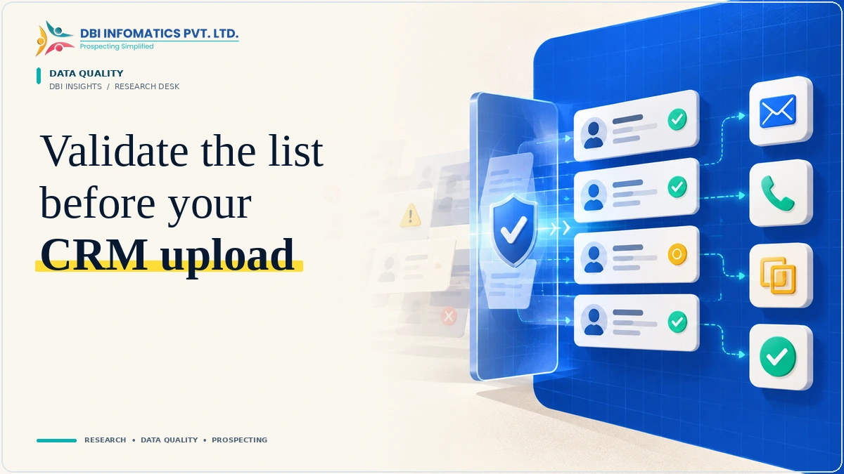 B2B data validation illustration showing records passing through a verification step before CRM upload.
