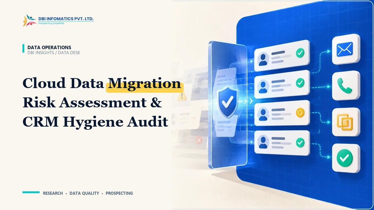Cloud data migration risk assessment checklist illustration showing secure transition of B2B customer records to cloud architectures, branded by DBI Infomatics.