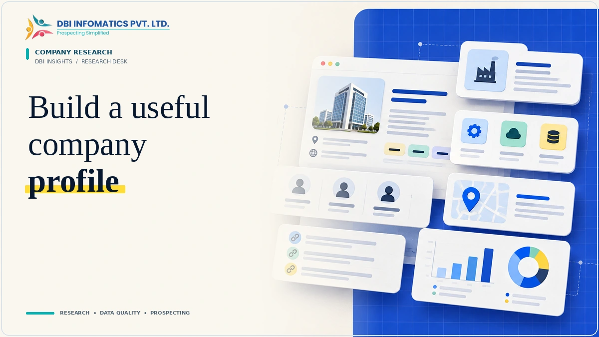 Company research illustration showing structured business profiles, decision makers and intelligence fields.