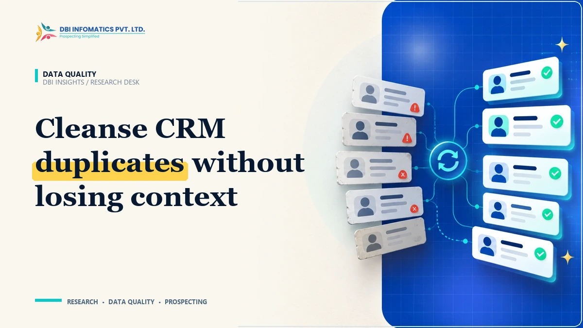 CRM deduplication and master data management diagram showing fragmented account records merging into a golden master record, branded by DBI Infomatics.