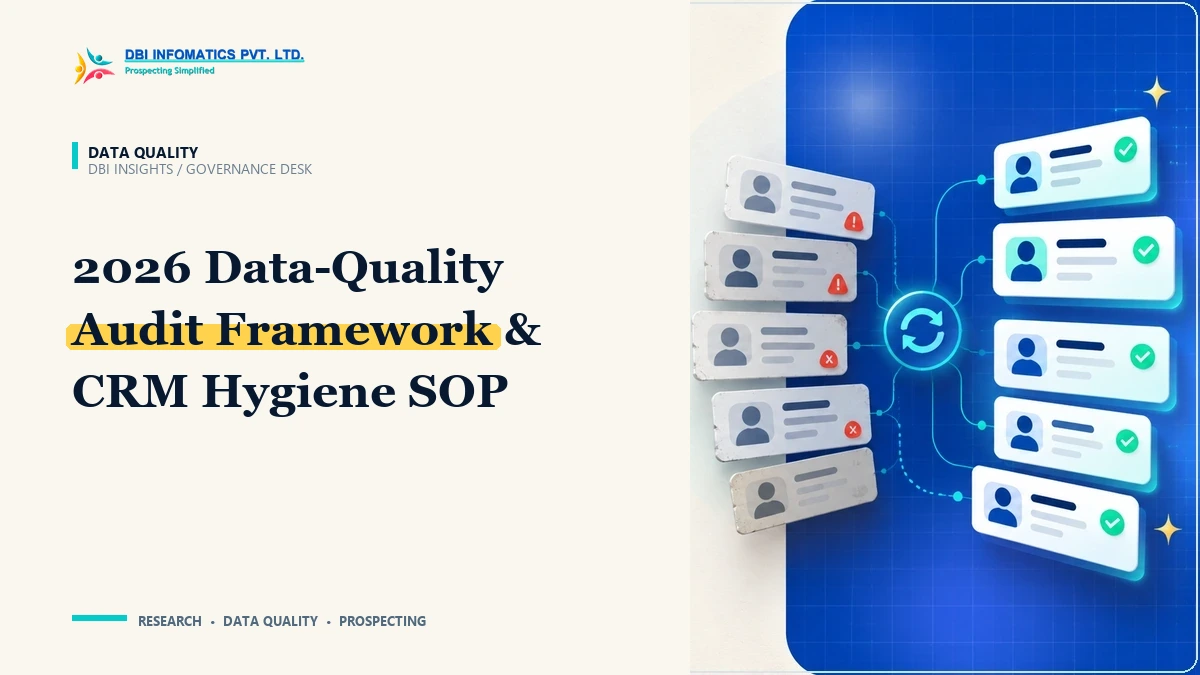 Data quality audit framework illustration showing CRM data hygiene checks, field validation, and deduplication workflows, branded by DBI Infomatics.
