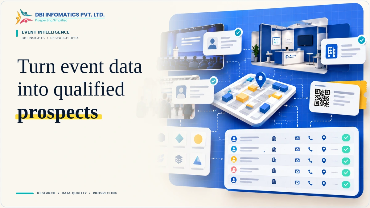 Event intelligence illustration linking exhibitors and event attendees to structured B2B prospect records.