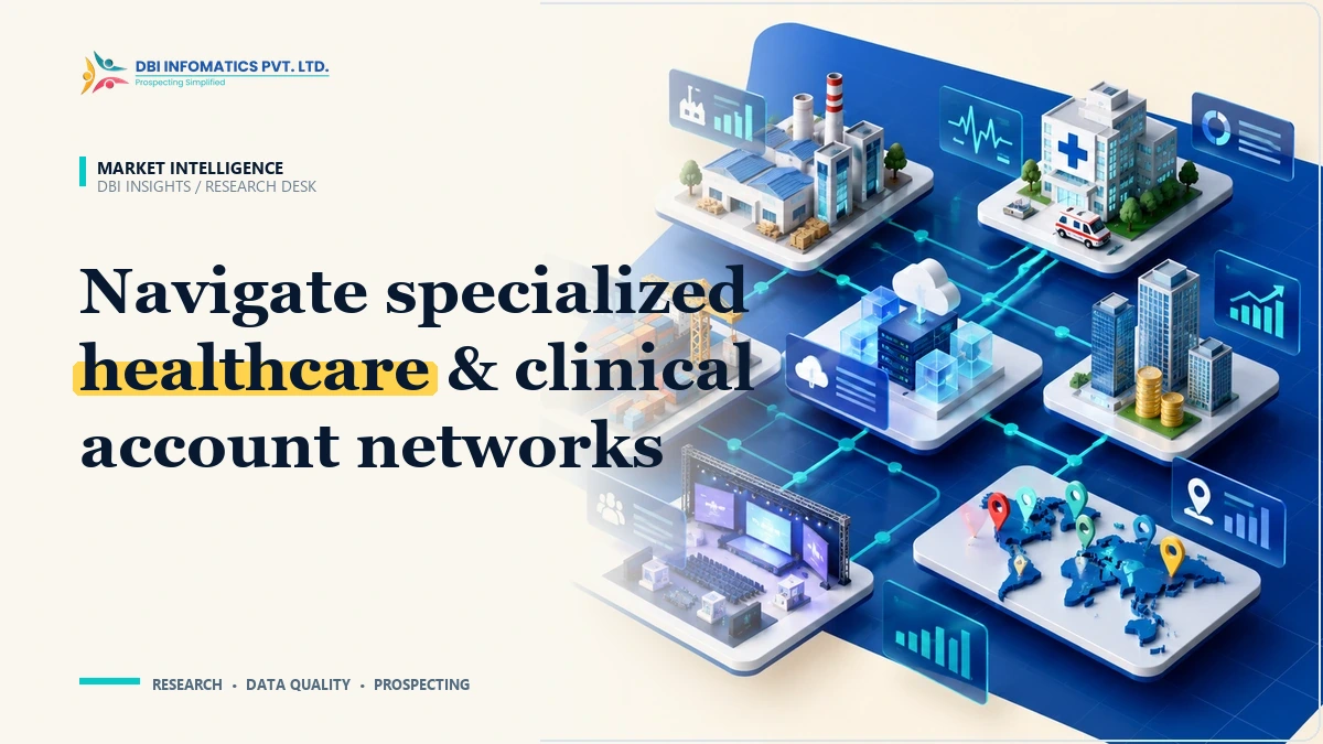 Healthcare and life sciences B2B data research illustration showing hospital systems, clinical networks, and medical procurement committees, branded by DBI Infomatics.