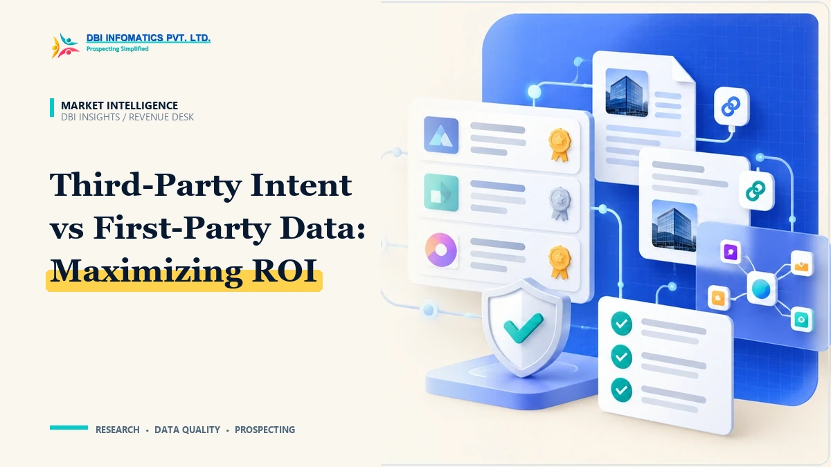Comparison illustration showing first-party behavioral data and third-party intent data converging into high-conversion pipeline, branded by DBI Infomatics.