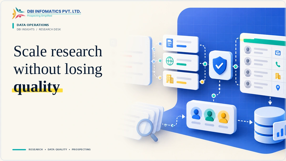 B2B research operations illustration showing quality review, verification and structured data delivery.