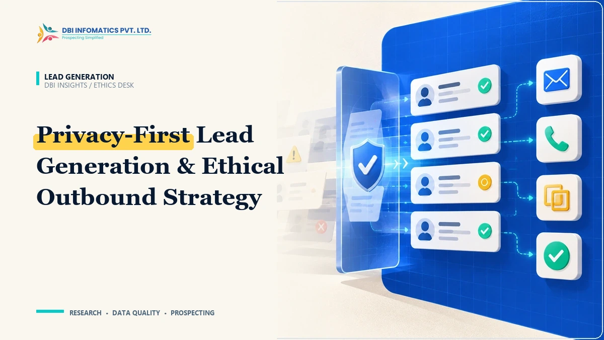 Privacy-first lead generation strategy illustration showing ethical sourcing, public records validation, and high buyer trust, branded by DBI Infomatics.