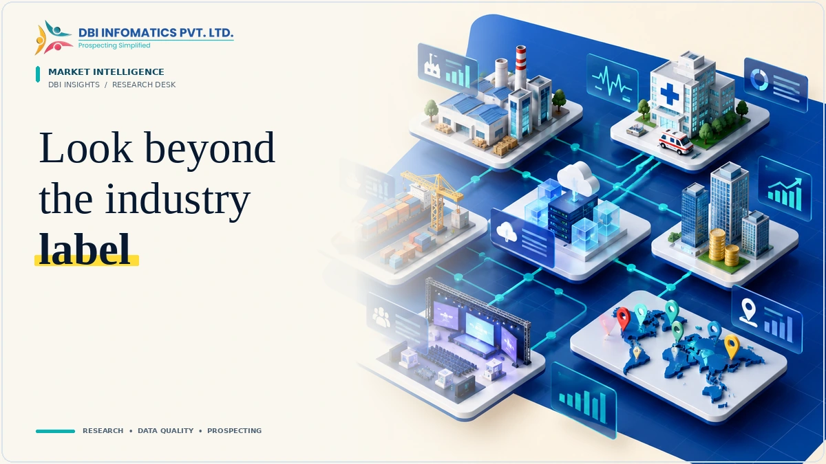 Vertical market research illustration showing connected industry, geographic and business-type categories.